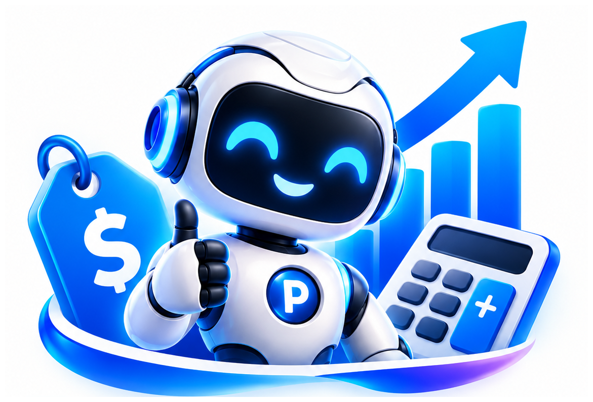 Robô do Precifica AI ao lado de uma etiqueta de preço, uma calculadora e um gráfico de vendas em alta